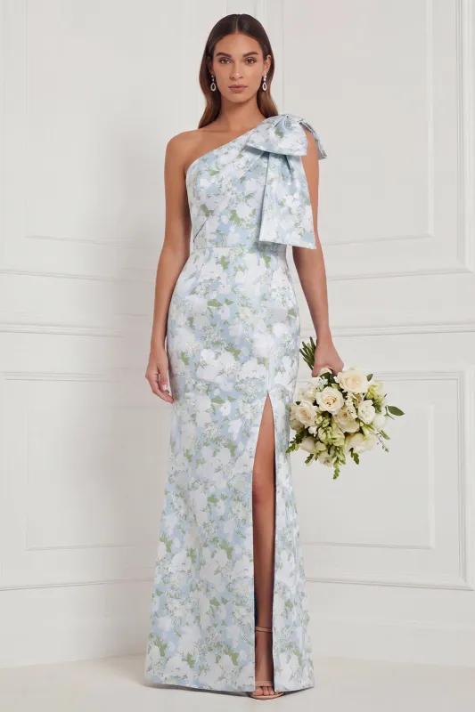 One Shoulder Blue White Flower Mermaid Bridesmaid Dress with Slit made by Wedtrend