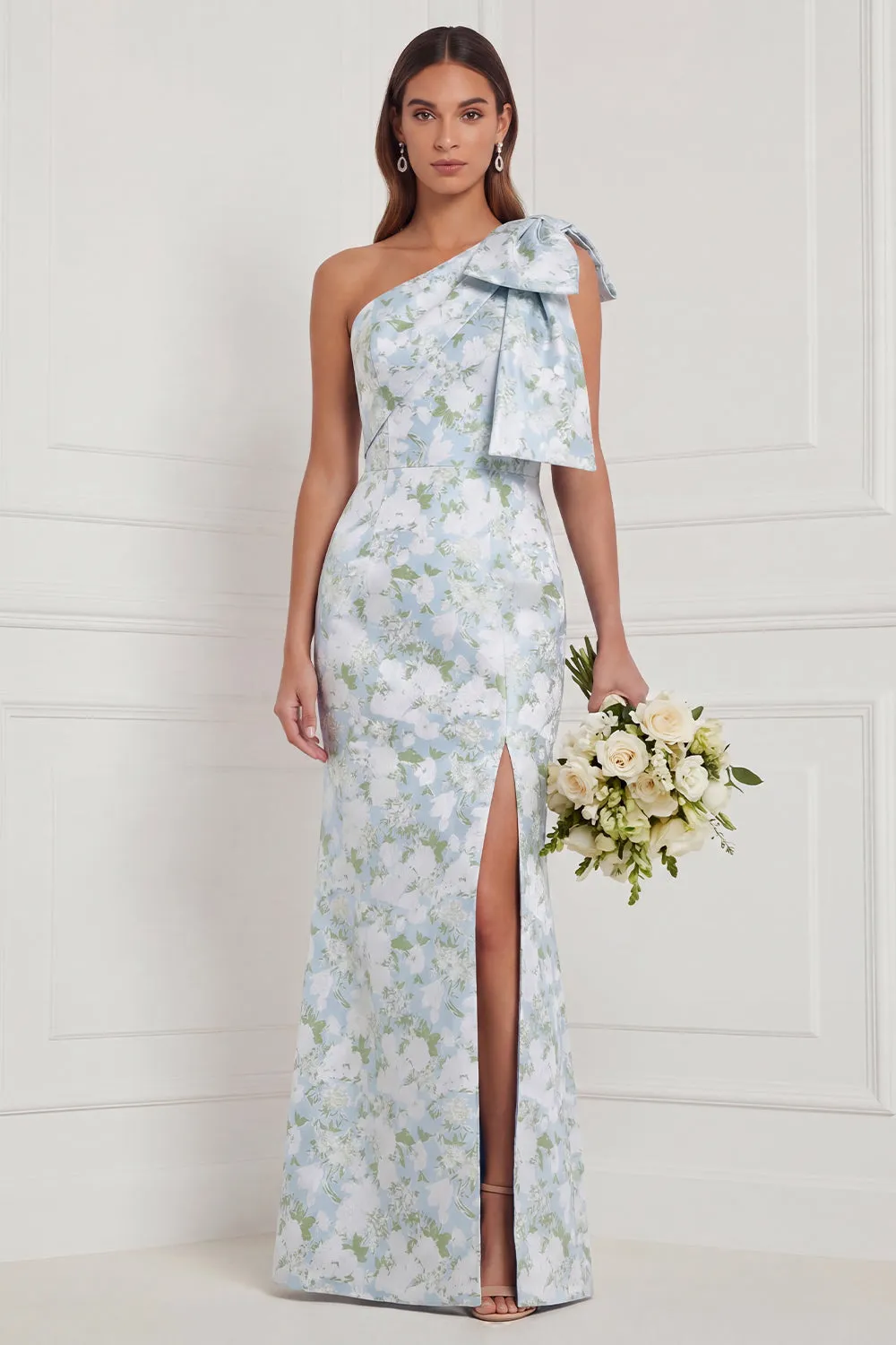 One Shoulder Blue White Flower Mermaid Bridesmaid Dress with Slit sold by Wedtrend