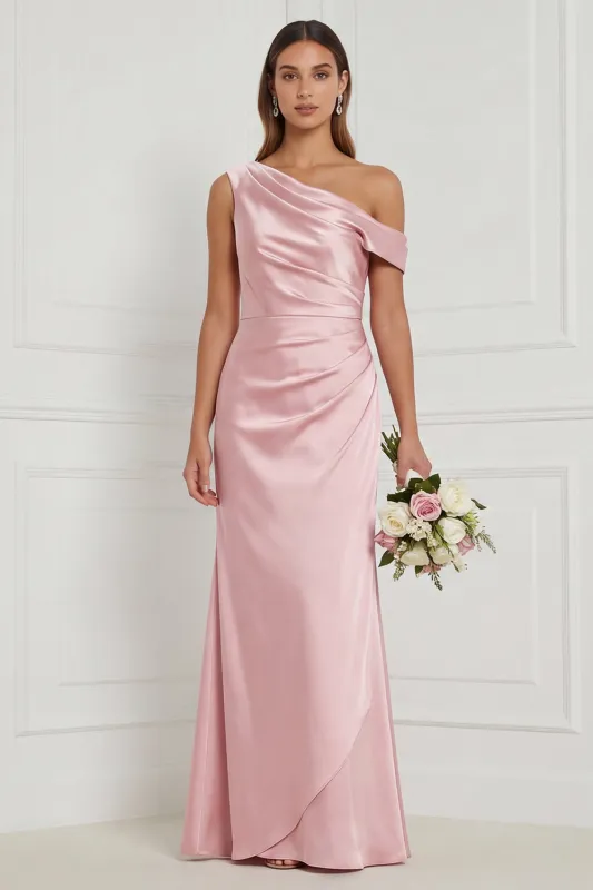 Burnt Orange Asymmetrical Neck Mermaid Ruched Satin Bridesmaid Dress made by Wedtrend