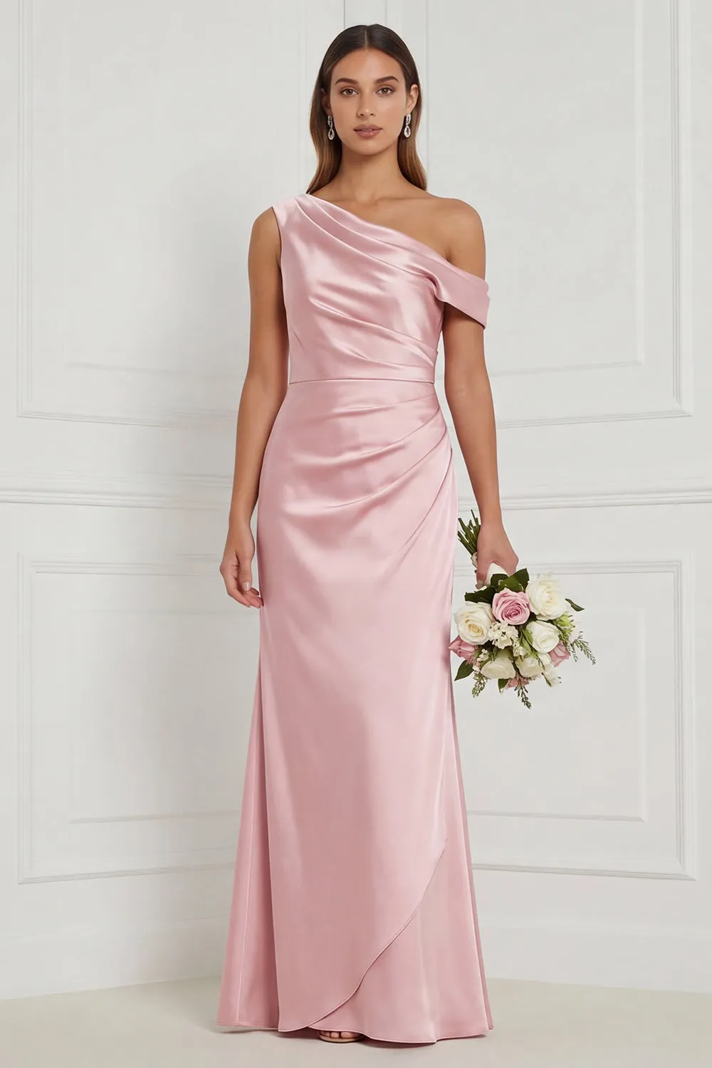 Burnt Orange Asymmetrical Neck Mermaid Ruched Satin Bridesmaid Dress sold by Wedtrend