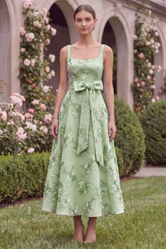 Sage Floral A Line Embroidery Square Neck Wedding Guest Dress with Bow made by Wedtrend