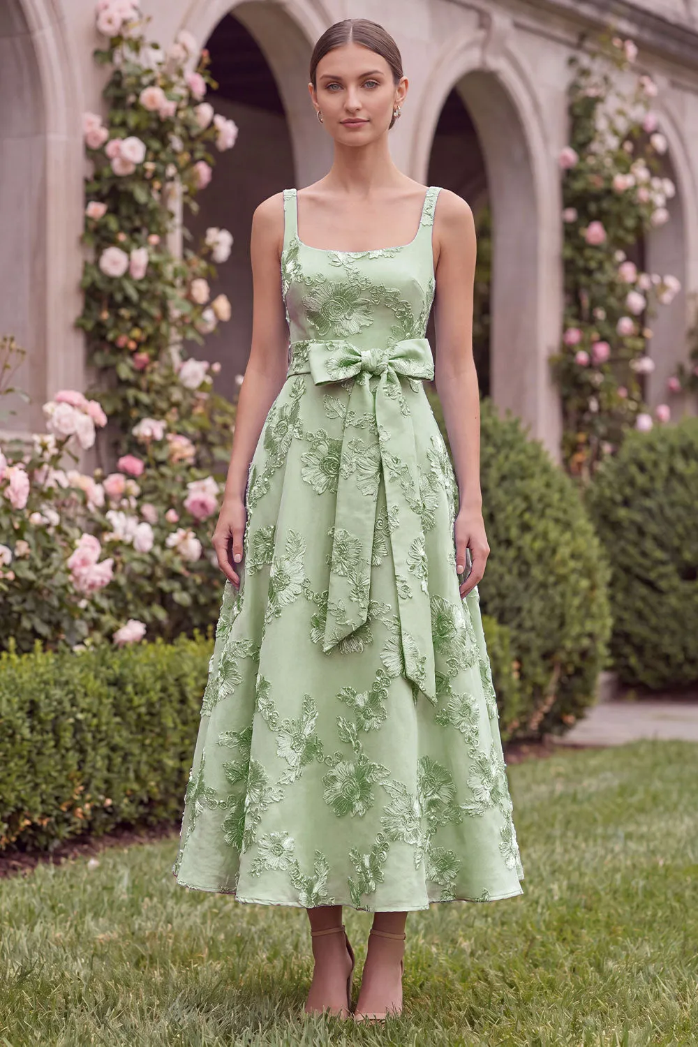 Sage Floral A Line Embroidery Square Neck Wedding Guest Dress with Bow sold by Wedtrend