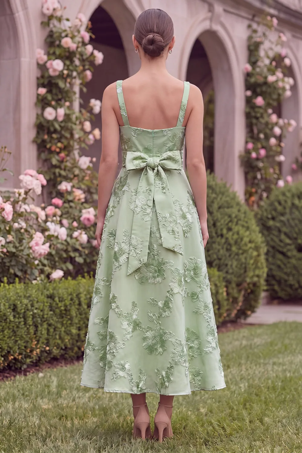 Sage Floral A Line Embroidery Square Neck Wedding Guest Dress with Bow sold by Wedtrend product image thumbnail 2