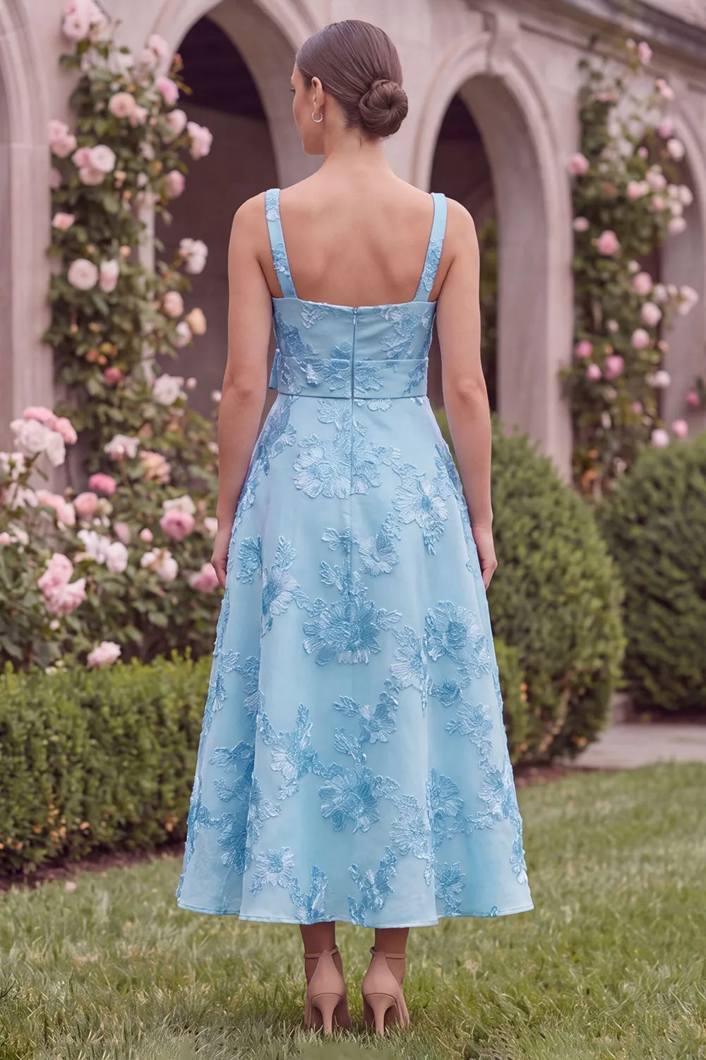 Sage Floral A Line Embroidery Square Neck Wedding Guest Dress with Bow sold by Wedtrend product image thumbnail 4