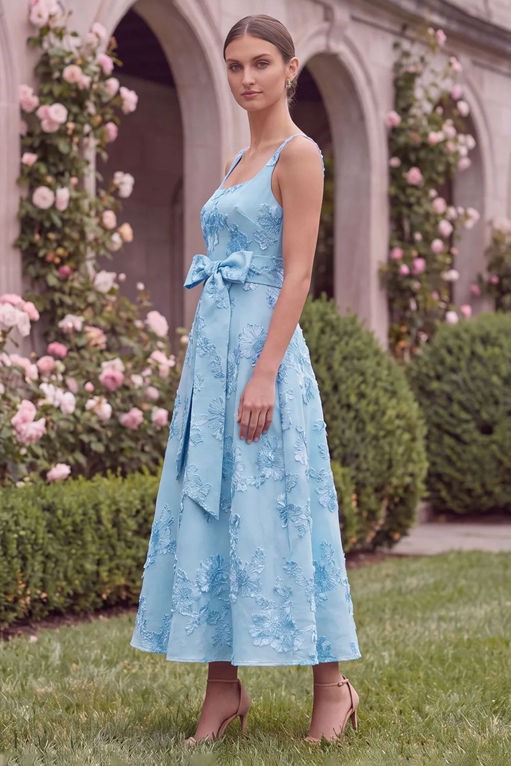 Sage Floral A Line Embroidery Square Neck Wedding Guest Dress with Bow sold by Wedtrend product image thumbnail 5