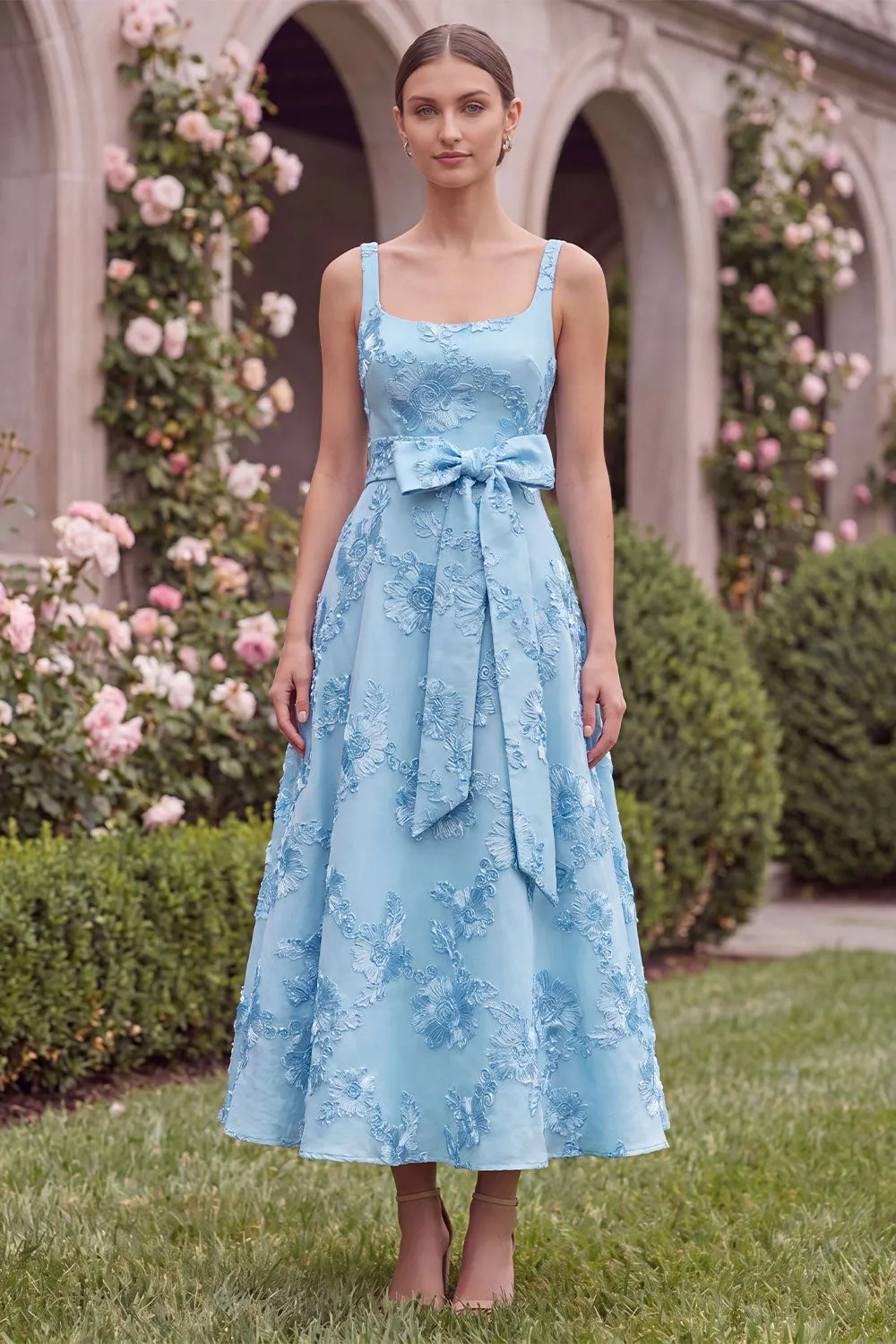 Sage Floral A Line Embroidery Square Neck Wedding Guest Dress with Bow sold by Wedtrend product image thumbnail 3