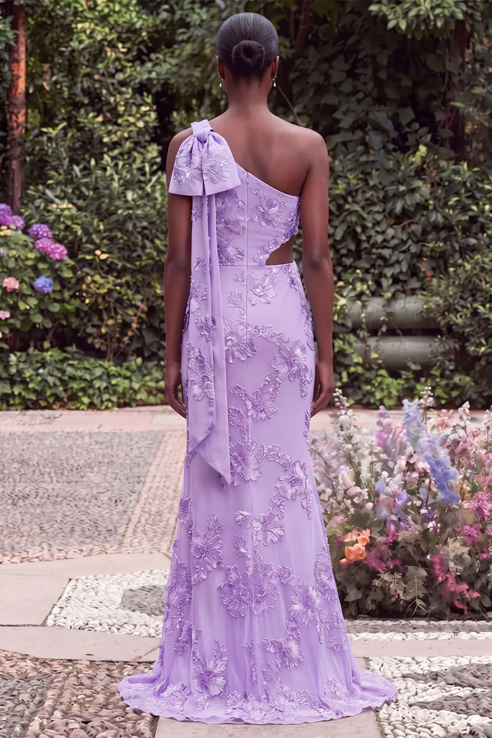 One Shoulder Mermaid Lilac Floral Embroidery Cut Out Maxi Dress with Bow sold by Wedtrend product image thumbnail 2
