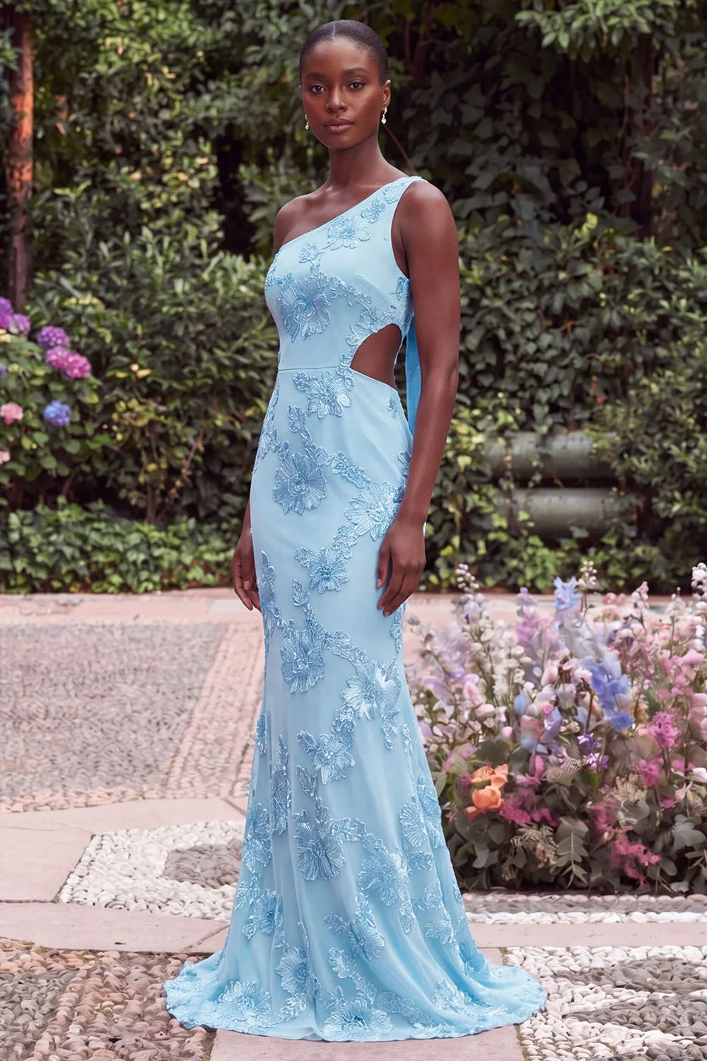 One Shoulder Mermaid Lilac Floral Embroidery Cut Out Maxi Dress with Bow sold by Wedtrend product image thumbnail 5
