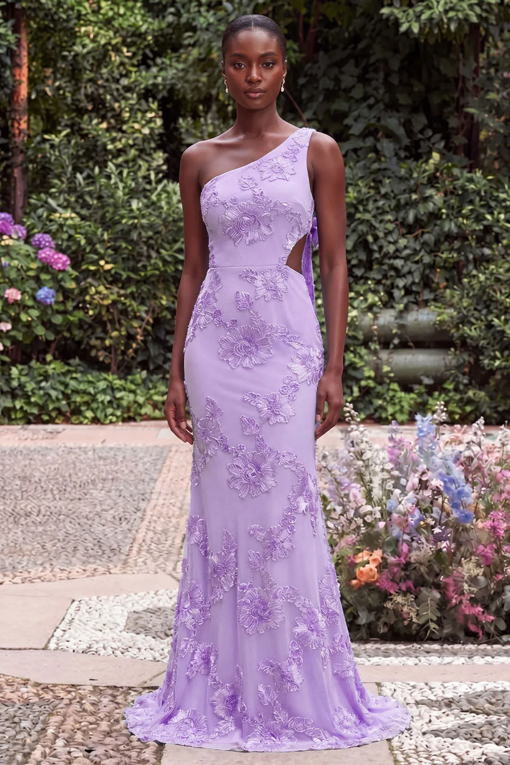 One Shoulder Mermaid Lilac Floral Embroidery Cut Out Maxi Dress with Bow sold by Wedtrend