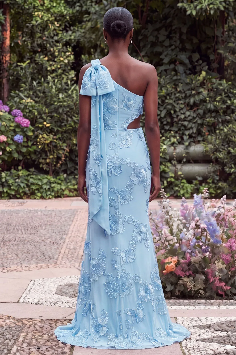 One Shoulder Mermaid Lilac Floral Embroidery Cut Out Maxi Dress with Bow sold by Wedtrend product image thumbnail 4