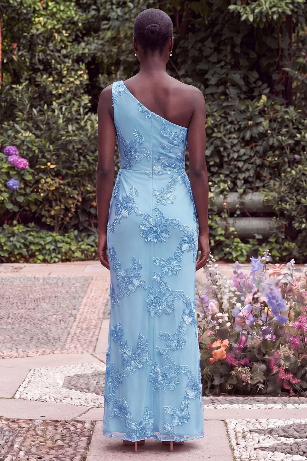 Sage Floral Embroidery One Shoulder Mermaid Wedding Guest Dress sold by Wedtrend product image thumbnail 4
