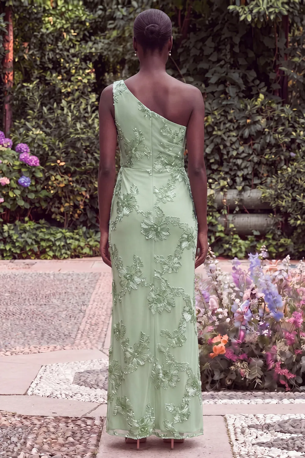 Sage Floral Embroidery One Shoulder Mermaid Wedding Guest Dress sold by Wedtrend product image thumbnail 2