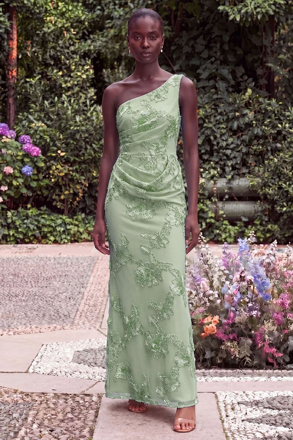 Sage Floral Embroidery One Shoulder Mermaid Wedding Guest Dress sold by Wedtrend
