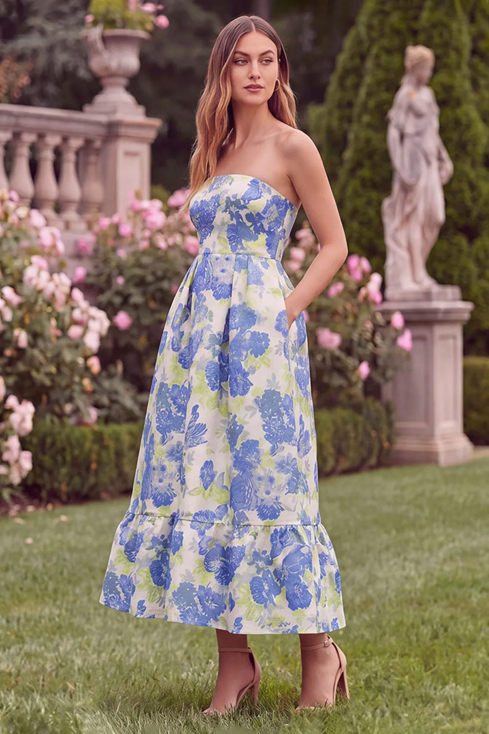 Strapless Blue Floral A Line Wedding Guest Dress with Pockets sold by Wedtrend product image thumbnail 3