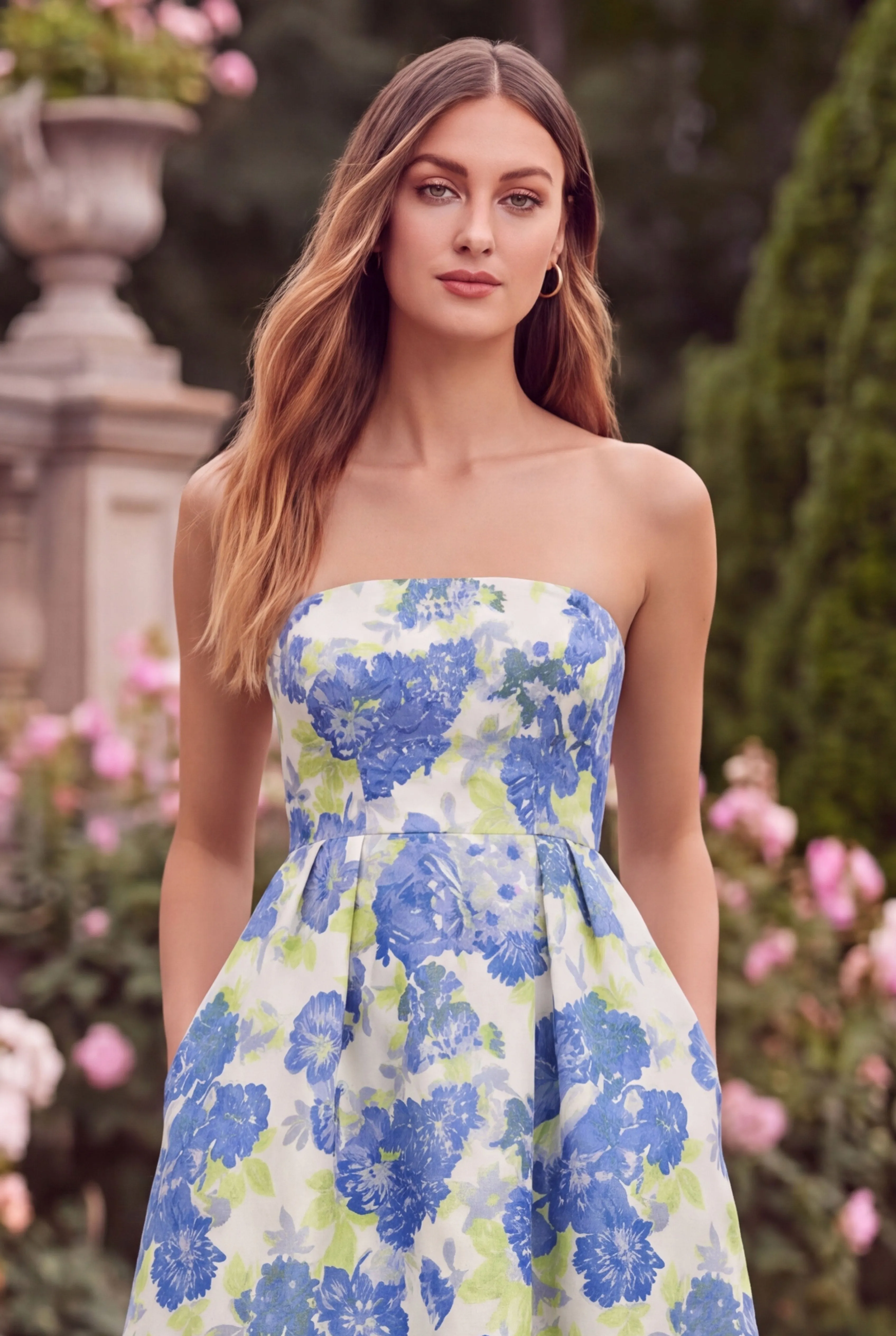 Strapless Blue Floral A Line Wedding Guest Dress with Pockets sold by Wedtrend product image thumbnail 4