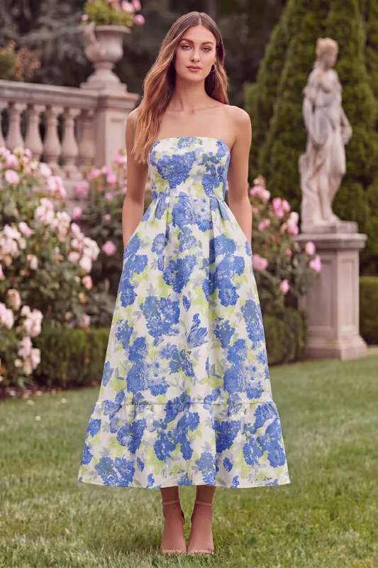 Strapless Blue Floral A Line Wedding Guest Dress with Pockets made by Wedtrend