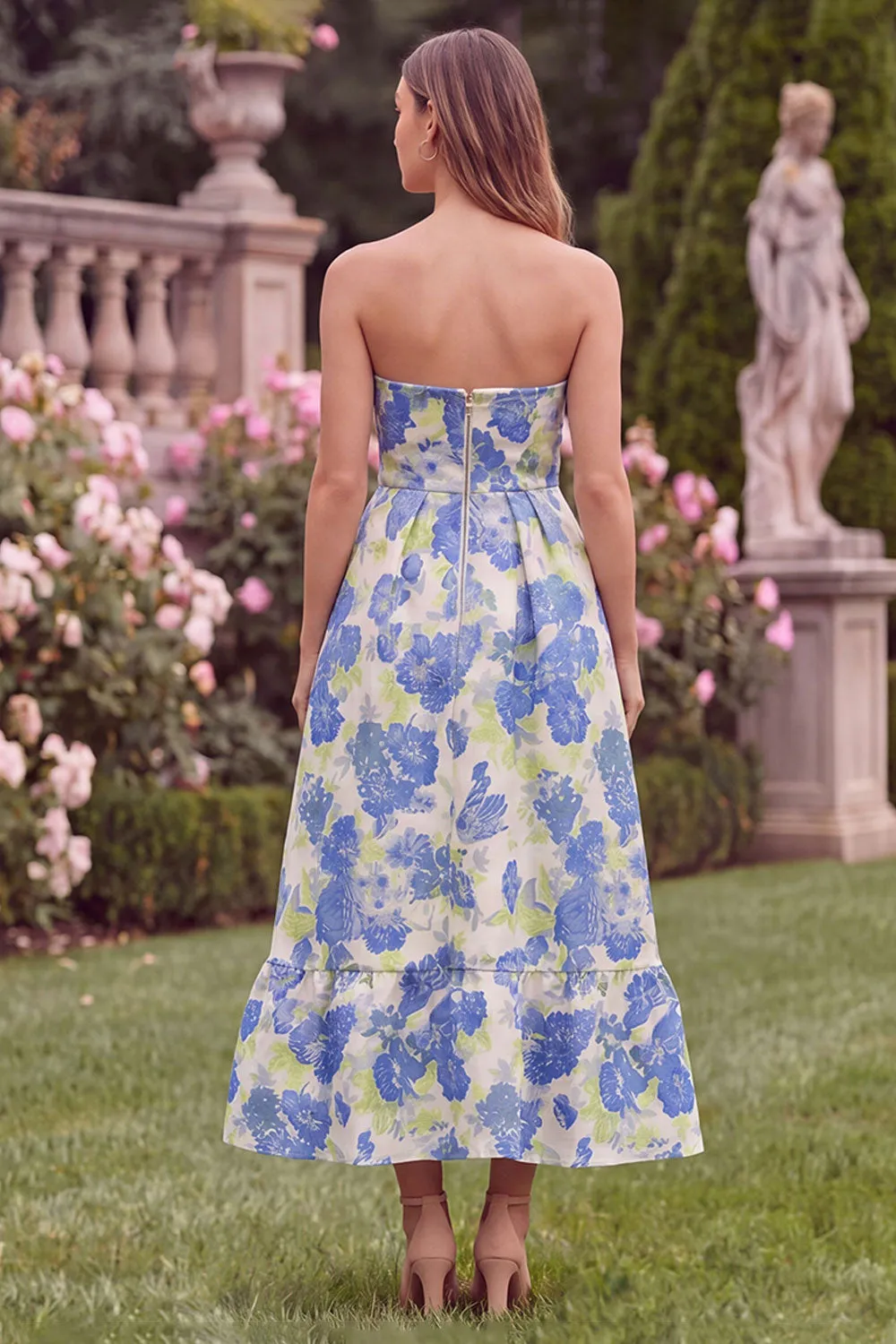 Strapless Blue Floral A Line Wedding Guest Dress with Pockets sold by Wedtrend product image thumbnail 2
