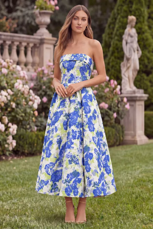 Blue Floral Strapless A Line Midi Wedding Guest Dress made by Wedtrend