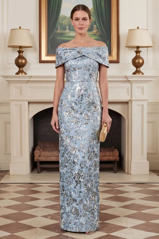 Jacquard Off the Shoulder Blue Sheath Floral Mother of the Bride Dress made by Wedtrend