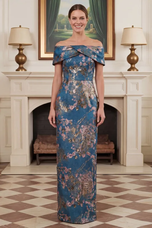 Navy Floral Off the Shoulder Sheath Mother of the Bride Dress with Slit made by Wedtrend