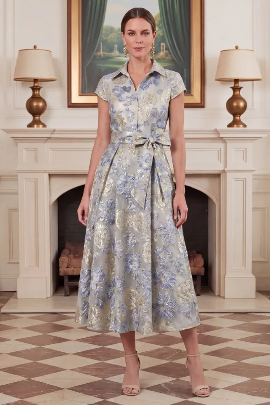 Dusty Blue A Line Floral Jacquard Midi Mother of the Bride Dress with Short Sleeves made by Wedtrend