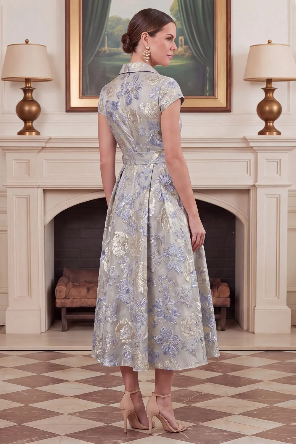 Dusty Blue A Line Floral Jacquard Midi Mother of the Bride Dress with Short Sleeves sold by Wedtrend product image thumbnail 2