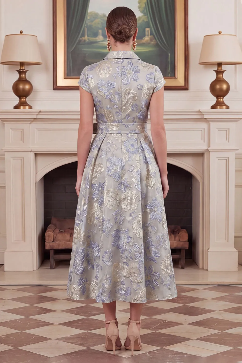 Dusty Blue A Line Floral Jacquard Midi Mother of the Bride Dress with Short Sleeves sold by Wedtrend product image thumbnail 3