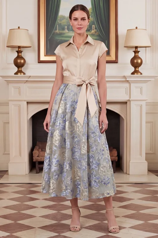 A Line Floral Jacquard Champagne Midi Mother of the Bride Dress with Flutter Sleeves made by Wedtrend