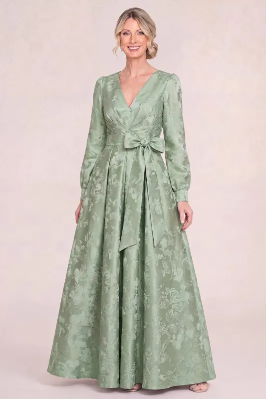 Floral Green V Neck A Line Long Sleeve Mother of the Bride Dress with Bow made by Wedtrend