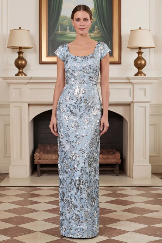 Blue Floral Jacquard Sheath Square Neck Mother of the Bride Dress with Cap Sleeves made by Wedtrend