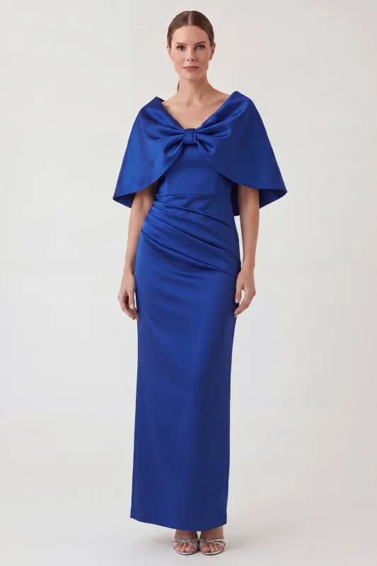 Royal Blue Sheath Ruched Mother of the Bride Dress with Cape Sleeves made by Wedtrend