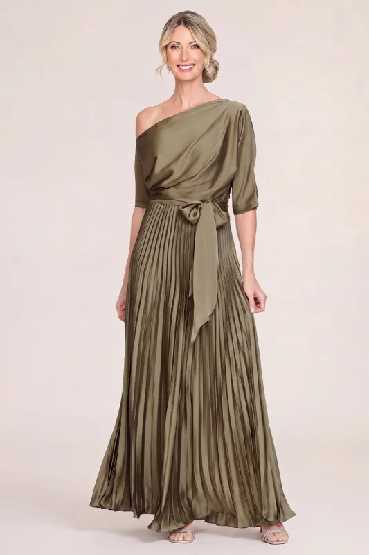 One Shoulder Olive Pleated Satin Mother of the Bride Dress with Half Sleeves made by Wedtrend