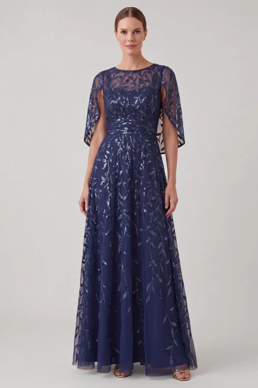 Navy Sequin Embroidered A Line Mother of the Bride Dress with Cape Sleeves made by Wedtrend