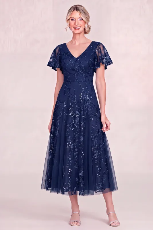 Navy Blue V Neck Sequin A Line Midi Mother of the Bride Dress with Short Sleeves made by Wedtrend