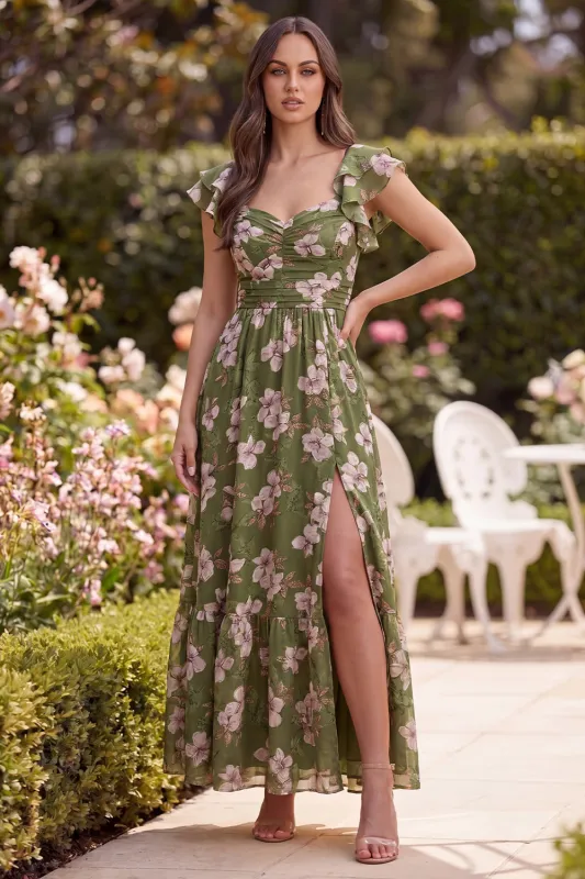 Green Flower A Line Square Neck Wedding Guest Dress with Slit made by Wedtrend