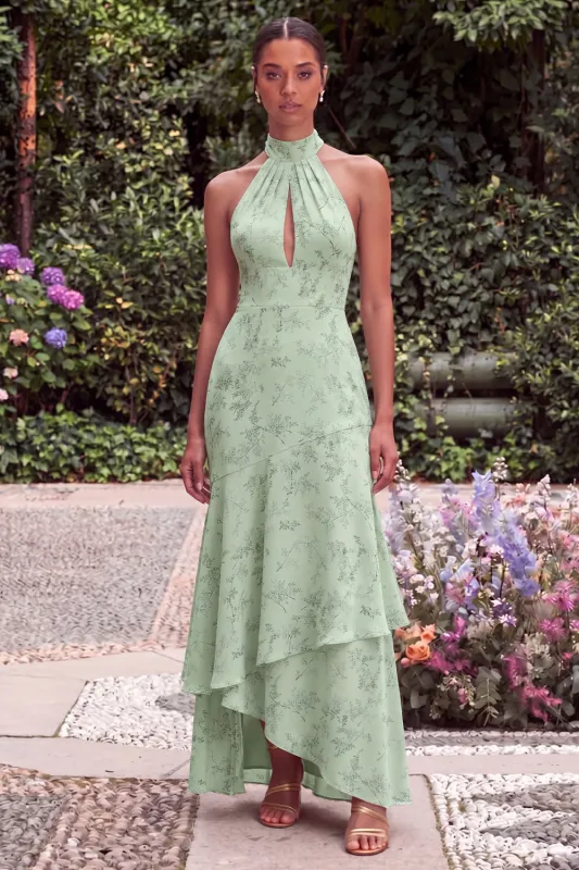 Sage Halter Keyhole Asymmetrical Floral Wedding Guest Dress made by Wedtrend