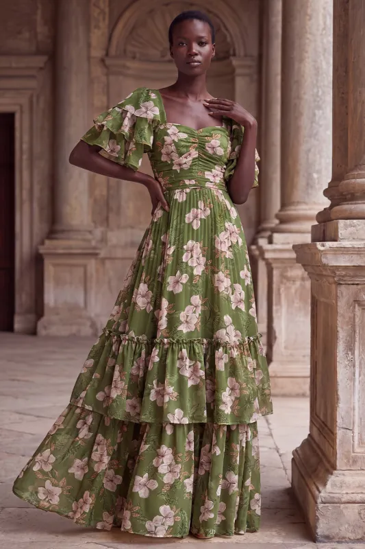 Green Flower A Line Tiered Square Neck Wedding Guest Dress with Sleeves made by Wedtrend