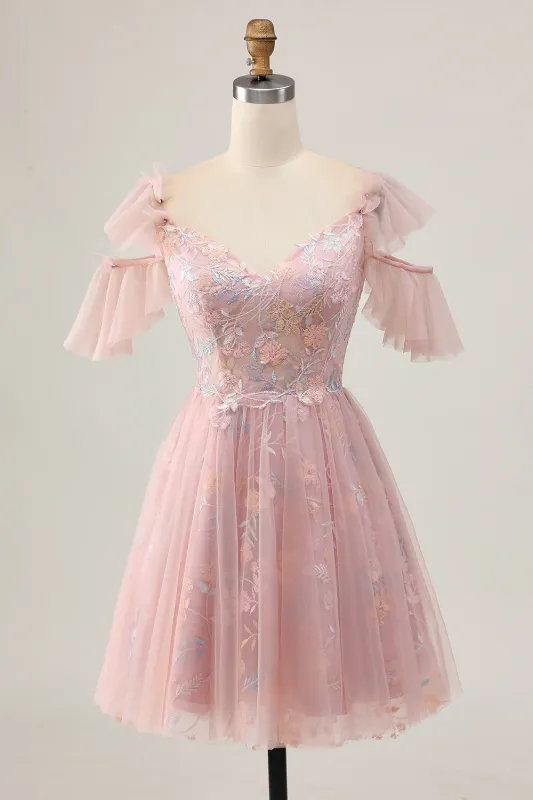 Blush A Line Cold Shoulder Floral Short Homecoming Dress with Appliques made by Wedtrend