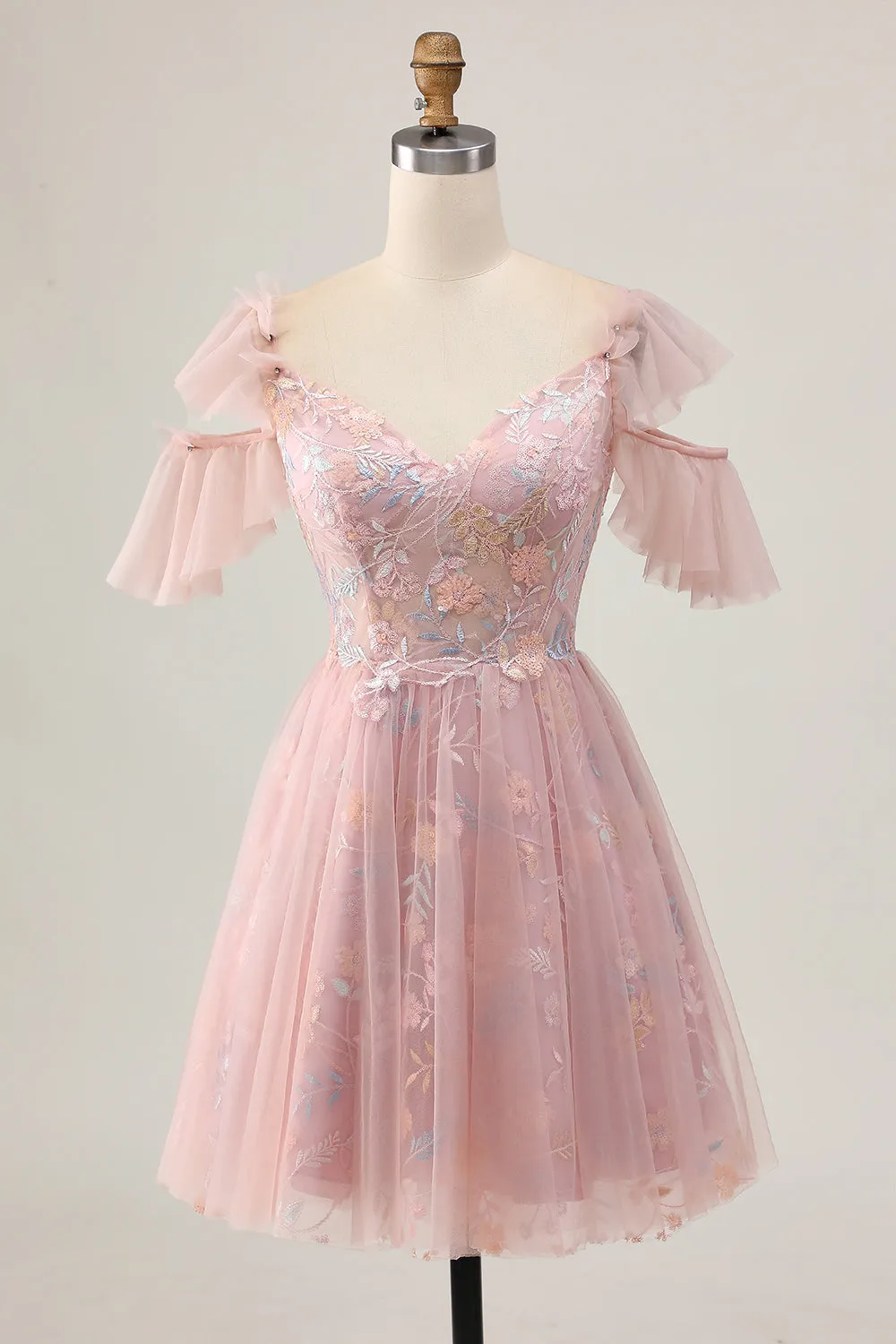 Blush A Line Cold Shoulder Floral Short Homecoming Dress with Appliques sold by Wedtrend
