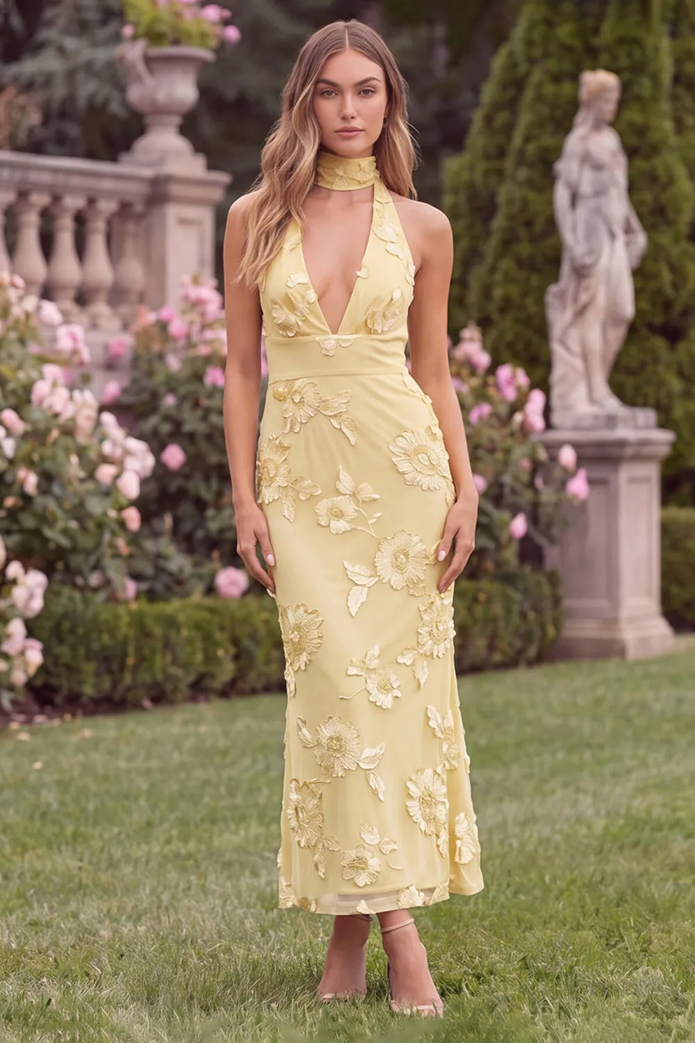 Halter Sage Mermaid Floral Wedding Guest Dress with Scarf sold by Wedtrend product image thumbnail 3