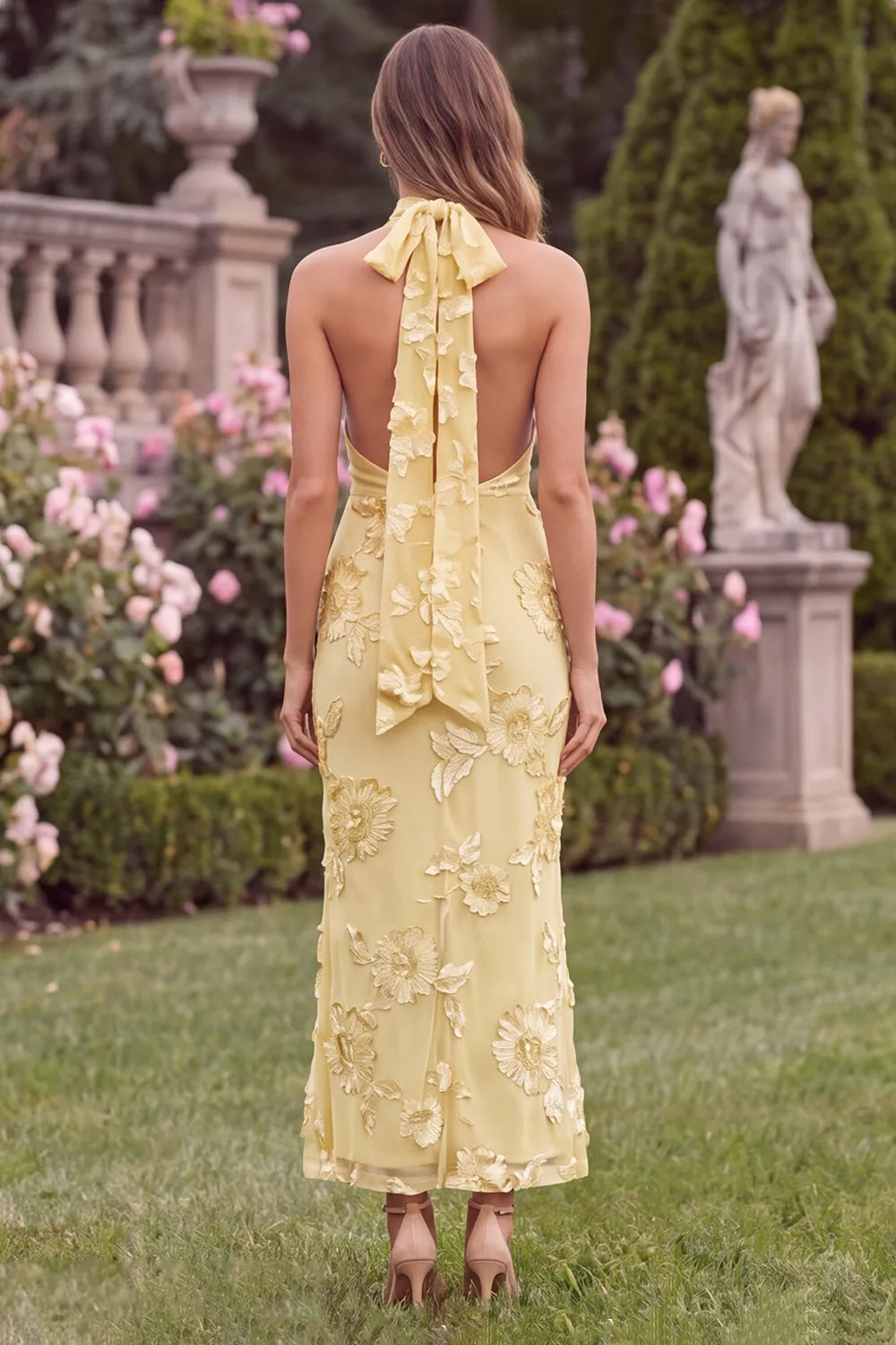 Halter Sage Mermaid Floral Wedding Guest Dress with Scarf sold by Wedtrend product image thumbnail 4