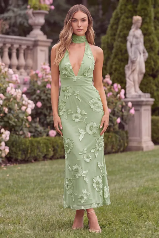 Halter Sage Mermaid Floral Wedding Guest Dress with Scarf made by Wedtrend
