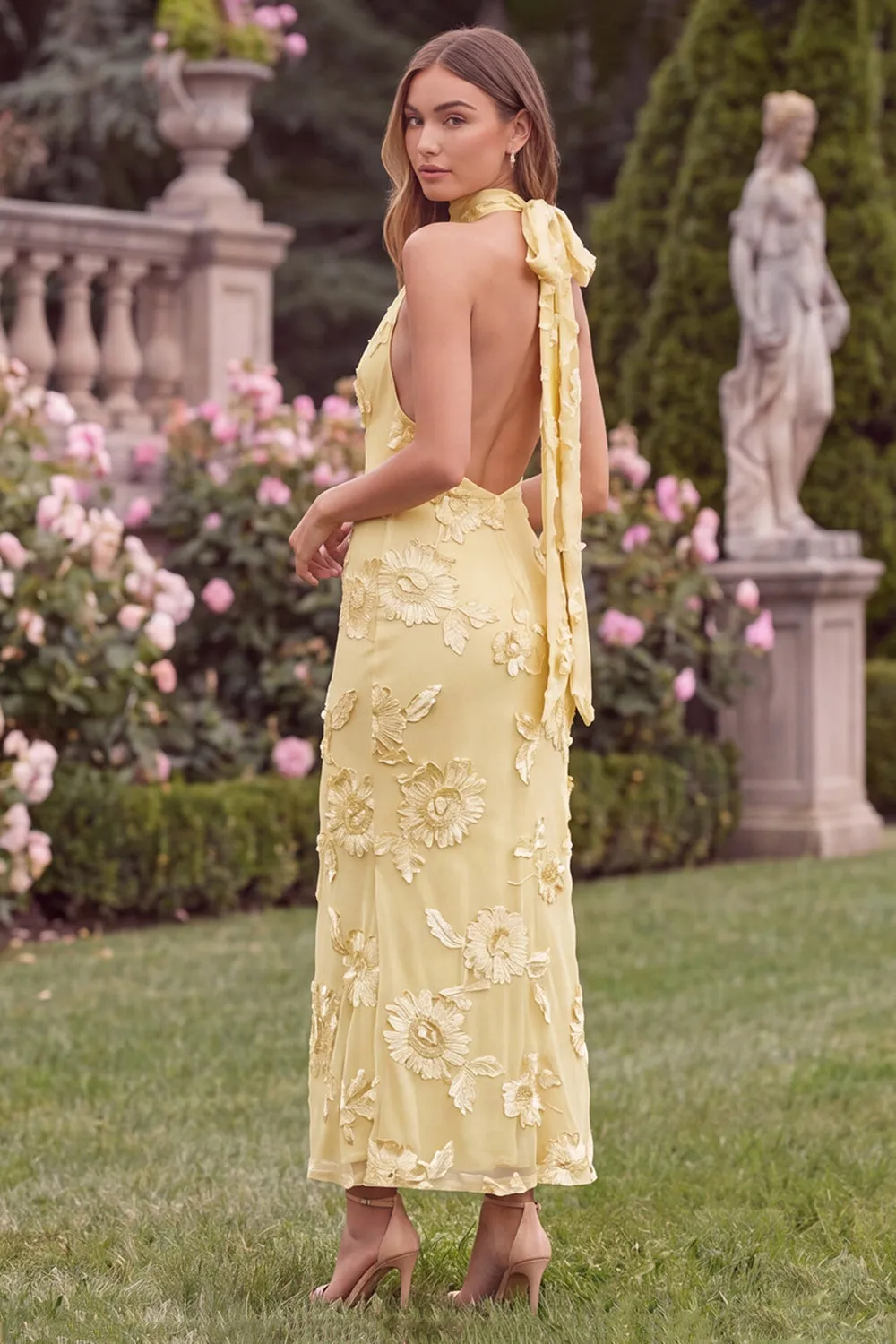 Halter Sage Mermaid Floral Wedding Guest Dress with Scarf sold by Wedtrend product image thumbnail 5