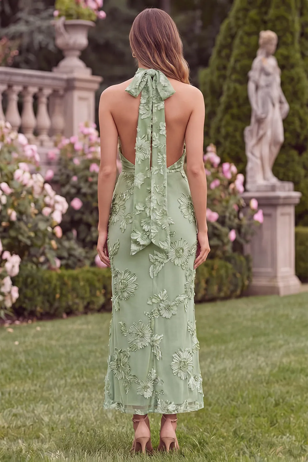 Halter Sage Mermaid Floral Wedding Guest Dress with Scarf sold by Wedtrend product image thumbnail 2