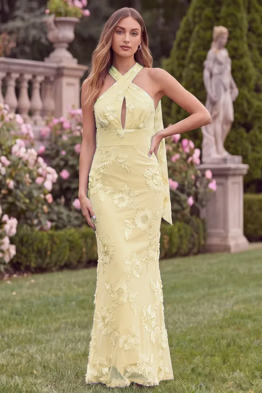 Floral Halter Daffodil Mermaid Wedding Guest Dress with Scarf made by Wedtrend