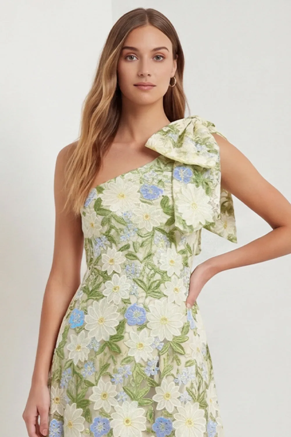 One Shoulder Sage Floral Wedding Guest Dress with Bow sold by Wedtrend product image thumbnail 4