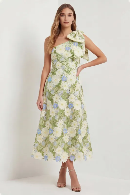 One Shoulder Sage Floral Wedding Guest Dress with Bow made by Wedtrend
