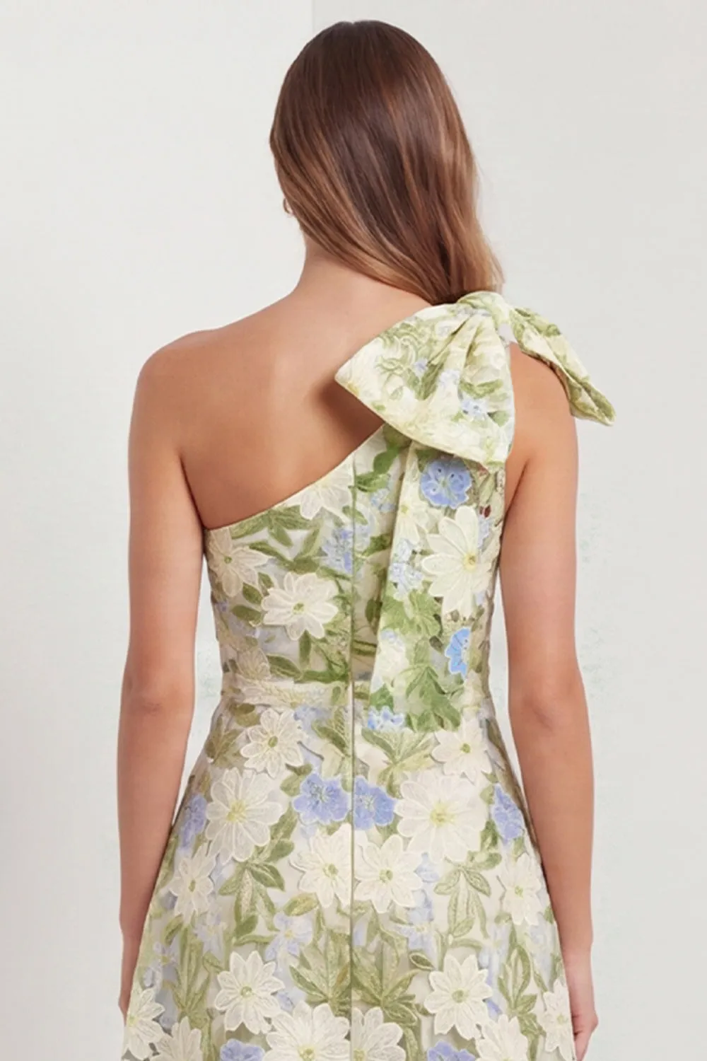 One Shoulder Sage Floral Wedding Guest Dress with Bow sold by Wedtrend product image thumbnail 5