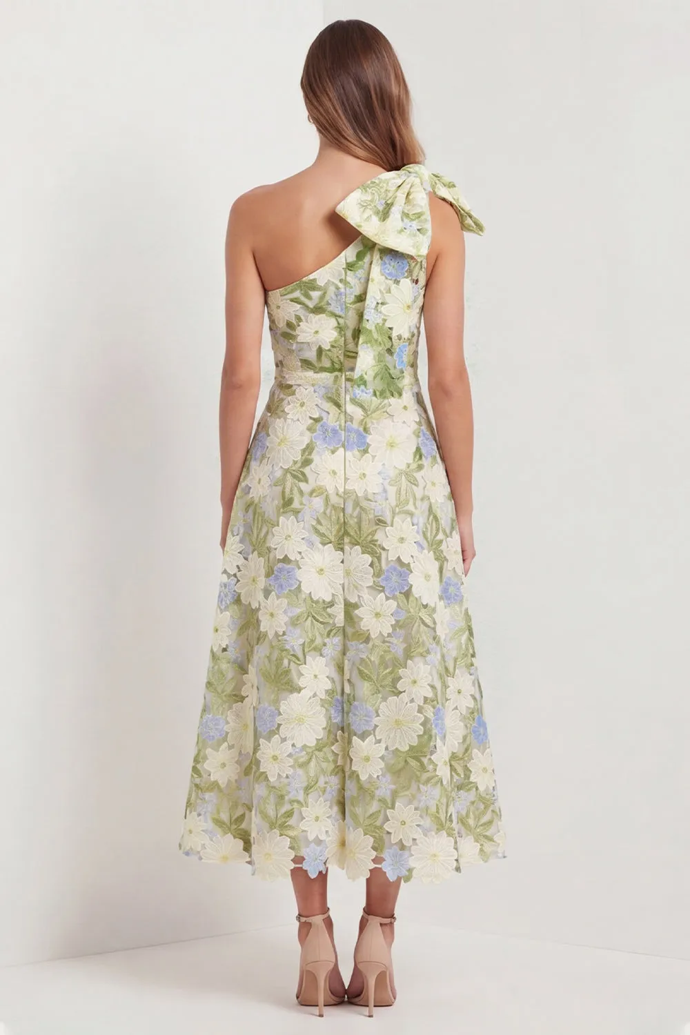 One Shoulder Sage Floral Wedding Guest Dress with Bow sold by Wedtrend product image thumbnail 2