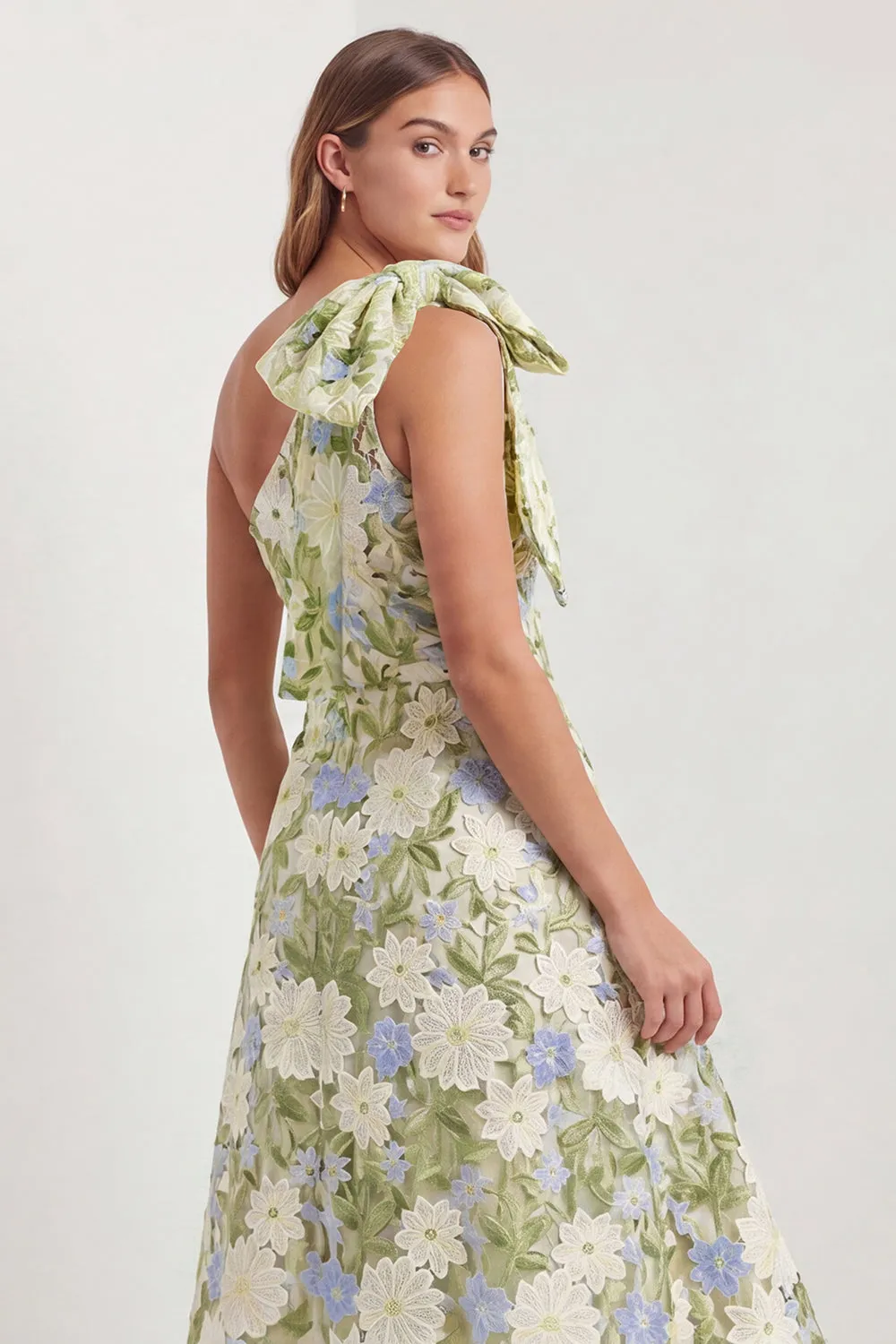 One Shoulder Sage Floral Wedding Guest Dress with Bow sold by Wedtrend product image thumbnail 3